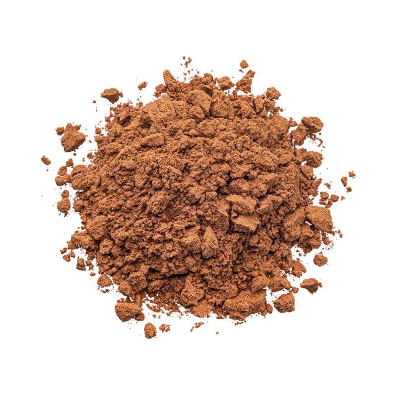 Close-up of rich brown Cacao Powder Raw ORGANIC (per 100g) finely ground with natural texture visible on white background