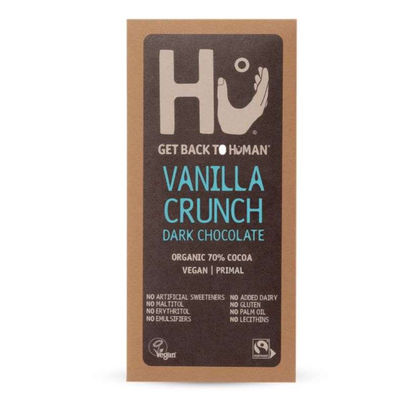 Dark Chocolate ORGANIC (60g) with vanilla crunch, vegan, organic, ethical, and sustainable packaging design.