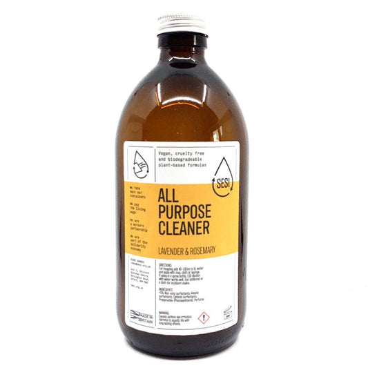 A label of an all-purpose cleaner bottle with yellow background and text that reads 'ALL PURPOSE CLEANER LAVENDER & ROSEMARY'. The brand name 'SESI' is prominently displayed at the top.