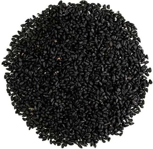 Close-up of Black onion Seed (Nigella) ORGANIC (per 50g) showing natural black seeds in a circular pile