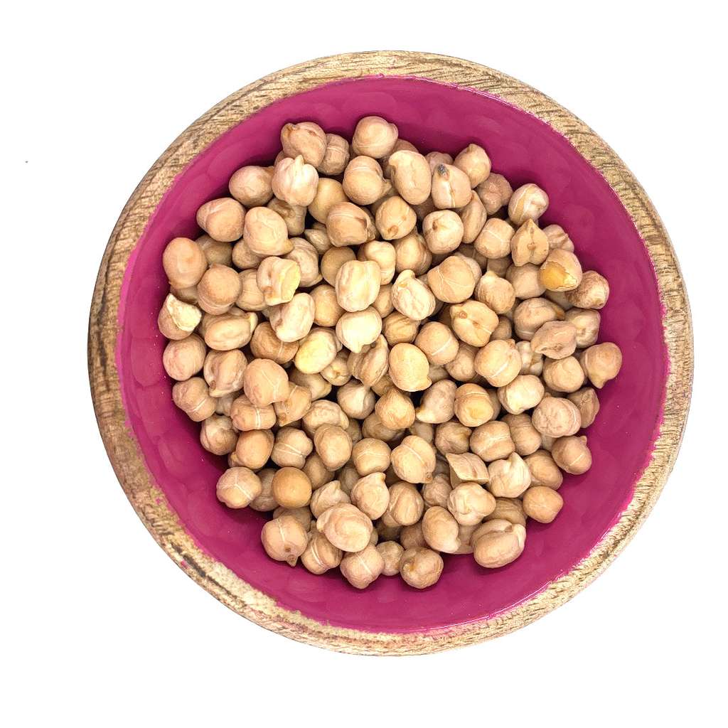 Dry chickpeas in a wooden bowl with a purple interior, representing Chickpeas ORGANIC (per 500g) natural food option