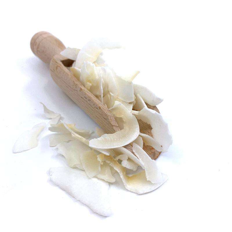Wooden scoop filled with Coconut Chips ORGANIC (per 250g) natural organic food product on white background