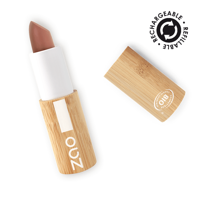 ORGANIC Natural Cocoon Lipstick REFILLABLE in eco-friendly bamboo case with soft natural brown shade and organic certification badge