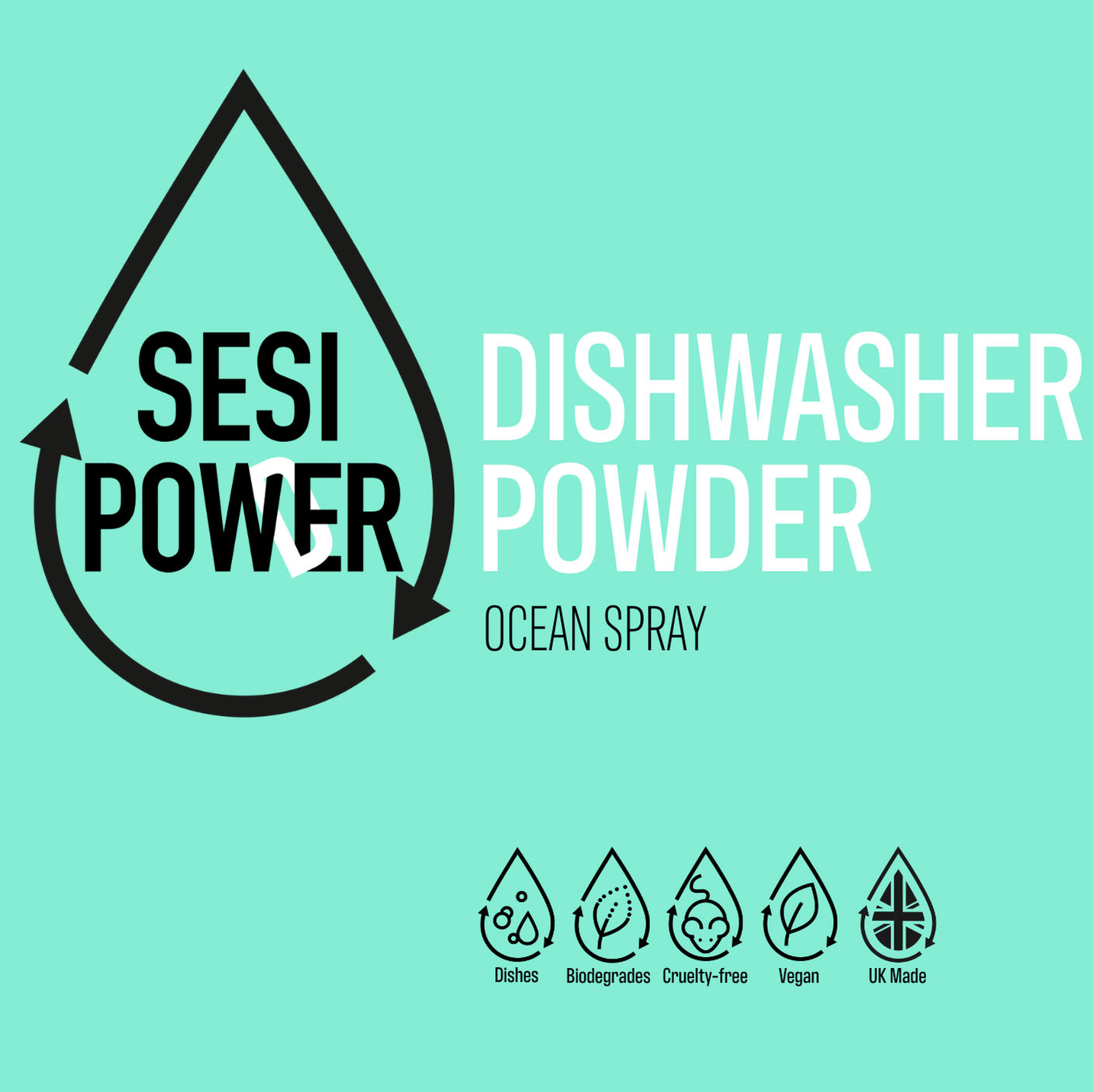 Product image for SESI Dishwasher Powder Ocean Spray, showing the brand logo and product name with icons indicating the product is biodegradable, vegan, and free from borax, parabens, and microplastics.
