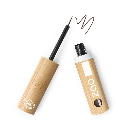 ORGANIC Liquid Brush Tip Natural Eyeliner REFILLIBLE with eco-friendly bamboo packaging and precise brown brush tip application