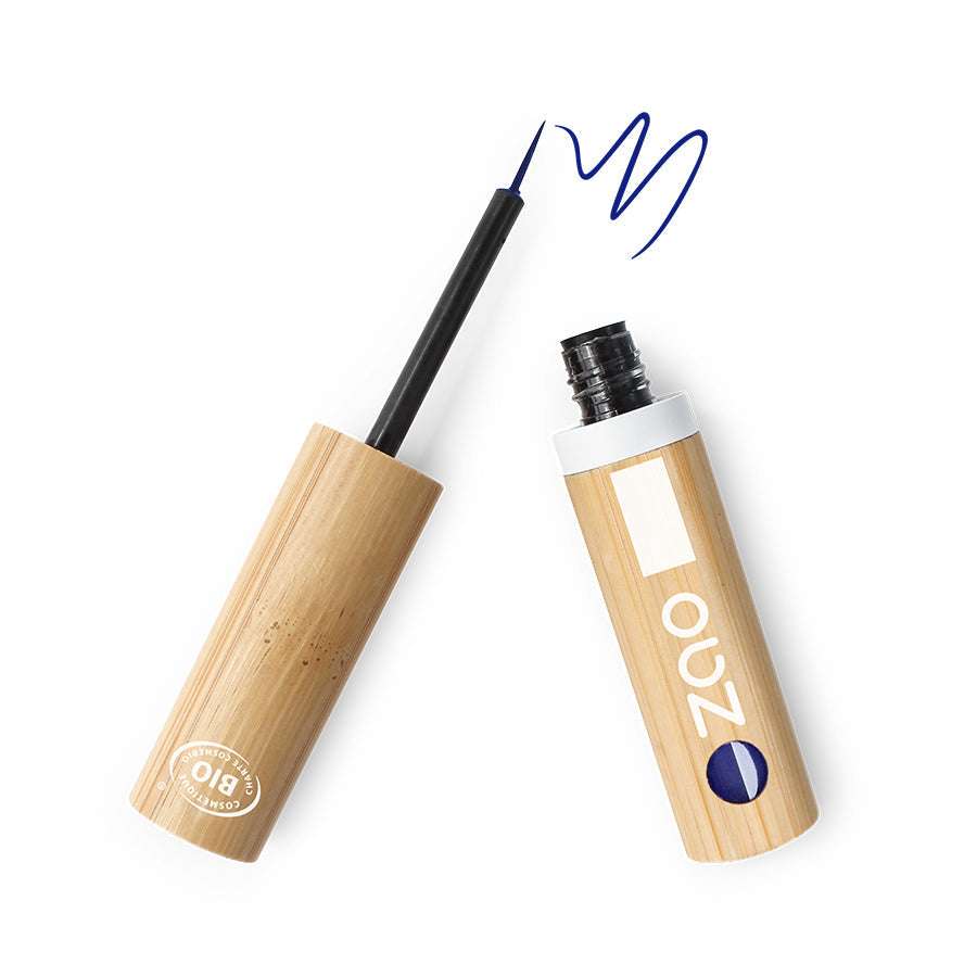 ORGANIC Liquid Brush Tip Natural Eyeliner REFILLIBLE with bamboo packaging and smooth blue liquid line stroke