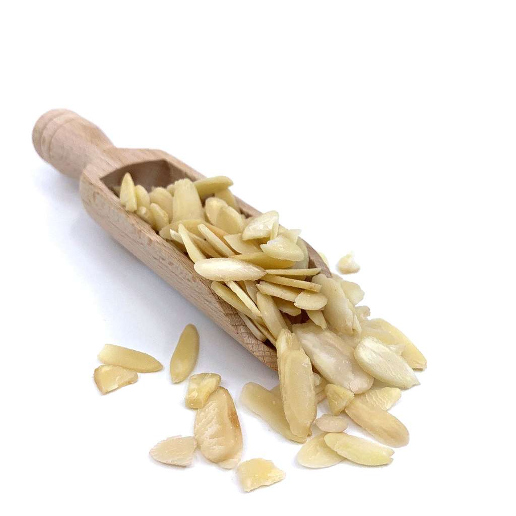 Wooden scoop filled with natural Flaked Almonds ORGANIC (per 100g) spilling onto a white surface in a refill shop style