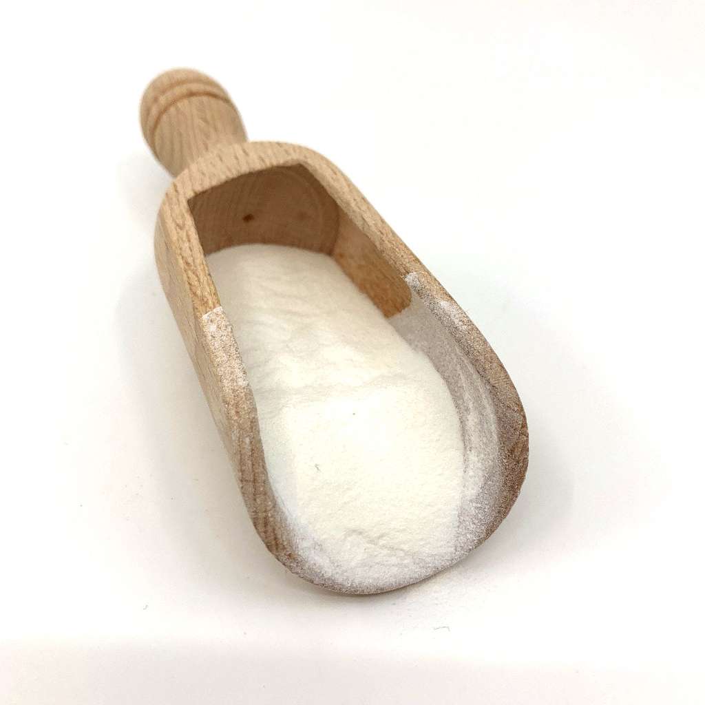 Wooden scoop filled with white powder representing Baking Powder GLUTEN FREE (per 200g) natural baking ingredient