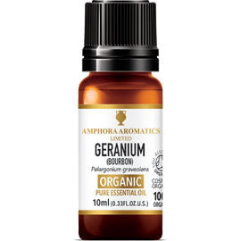 Amber bottle of ORGANIC Geranium Essential Oil (10ml) with black cap, natural skincare and plant-based product from The Village Refill