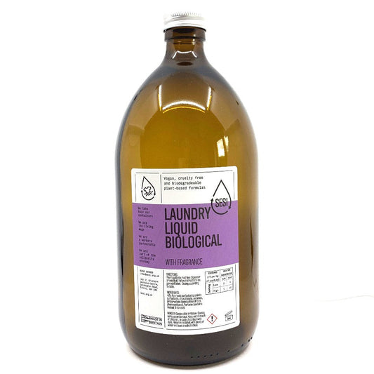 Glass amber bottle with SESI Liquid Bio Laundry Label
