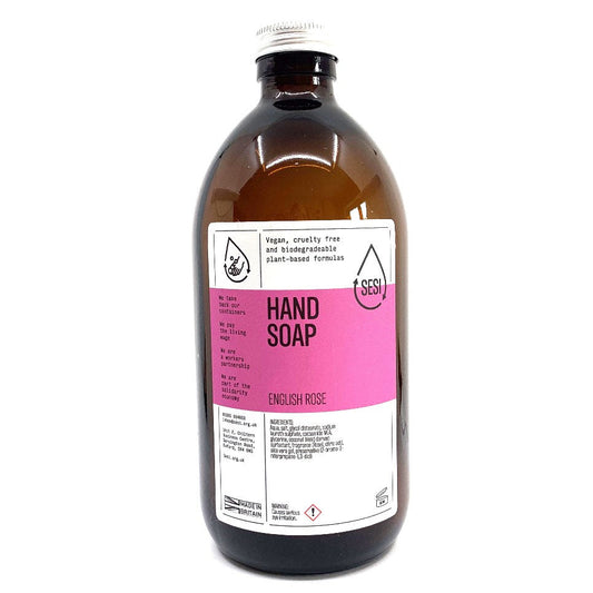 Liquid Rose fragranced hand soap in amber glass bottle