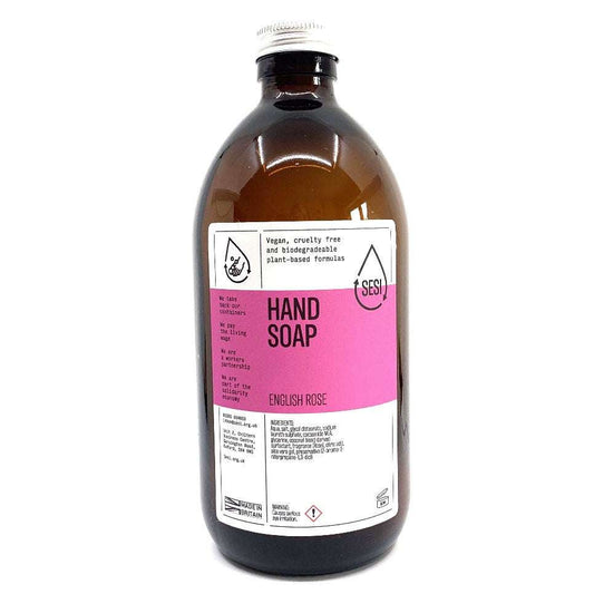 Liquid Rose fragranced hand soap in amber glass bottle