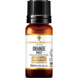 ORGANIC Orange (Sweet) Essential Oil (10ml) bottle with amber glass and black cap for natural skincare and aromatherapy use