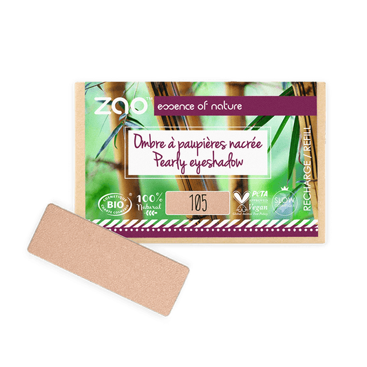 Packaging and beige powder eyeshadow refill for ORGANIC Natural Eye Shadow REFILL with natural and vegan certifications