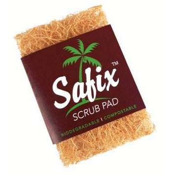 Safix Coconut Fiber Scouring Pad wrapped in eco-friendly biodegradable packaging with natural coconut fiber texture