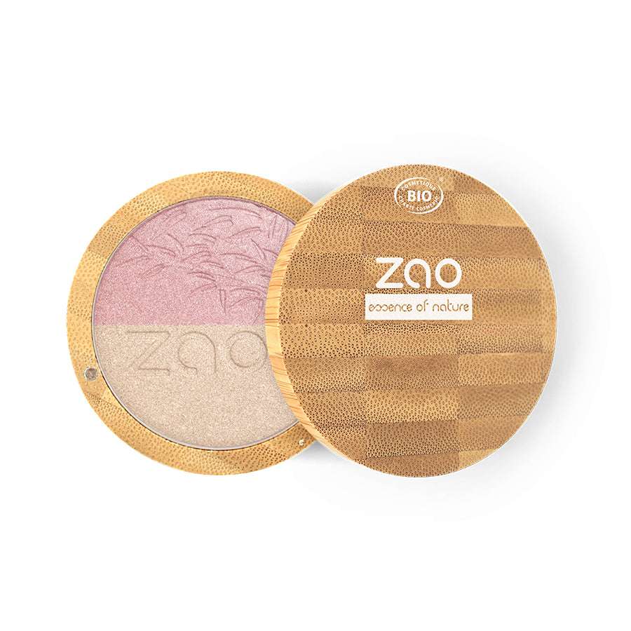 ORGANIC DUO 311 Illuminator Compact REFILLABLE with natural pink and beige shades in eco-friendly bamboo packaging
