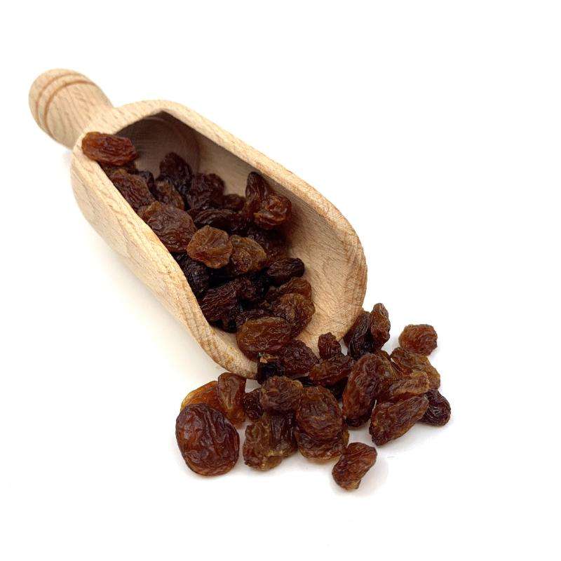 Wooden scoop filled with natural dried sultanas for Sultanas ORGANIC (per 500g) in a clean white background