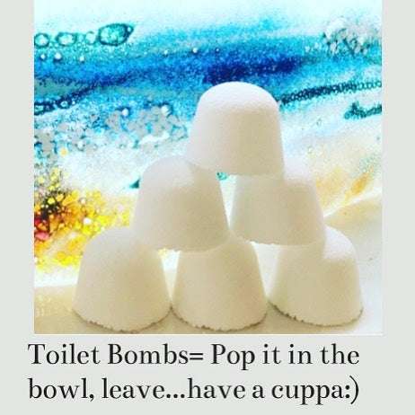 Stack of white Toilet Bombs 100% Natural (20pcs) arranged in front of a colorful background with water droplets.