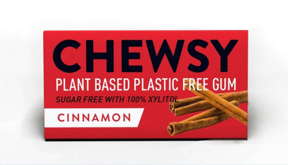 Box of Chewsy plant-based plastic-free cinnamon gum on a white background