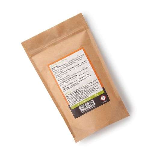 Brown kraft paper pouch with label containing usage and safety information for Citric Acid (750g) in a sustainable style