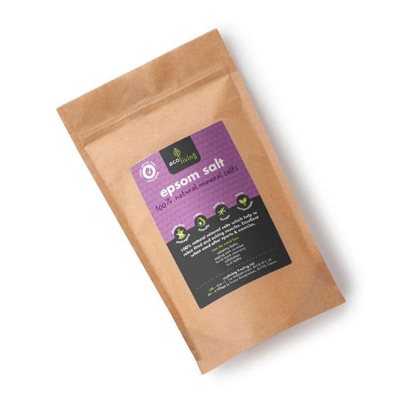 Brown kraft refill pouch of Epsom Salts (750g) with eco-friendly and natural mineral salts label.