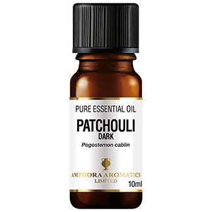 Brown glass bottle of ORGANIC Patchouli Essential Oil (10ml) with black cap and white label showing product details