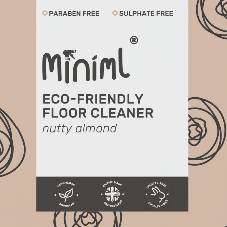 Packaging of Concentrated Floor Cleaner with branding and eco-friendly claims, nutty almond fragrance, in a white background.