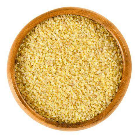 Close-up of a wooden bowl filled with Bulgar Wheat ORGANIC (per 500g), natural, cruelty-free, and sustainable grain.