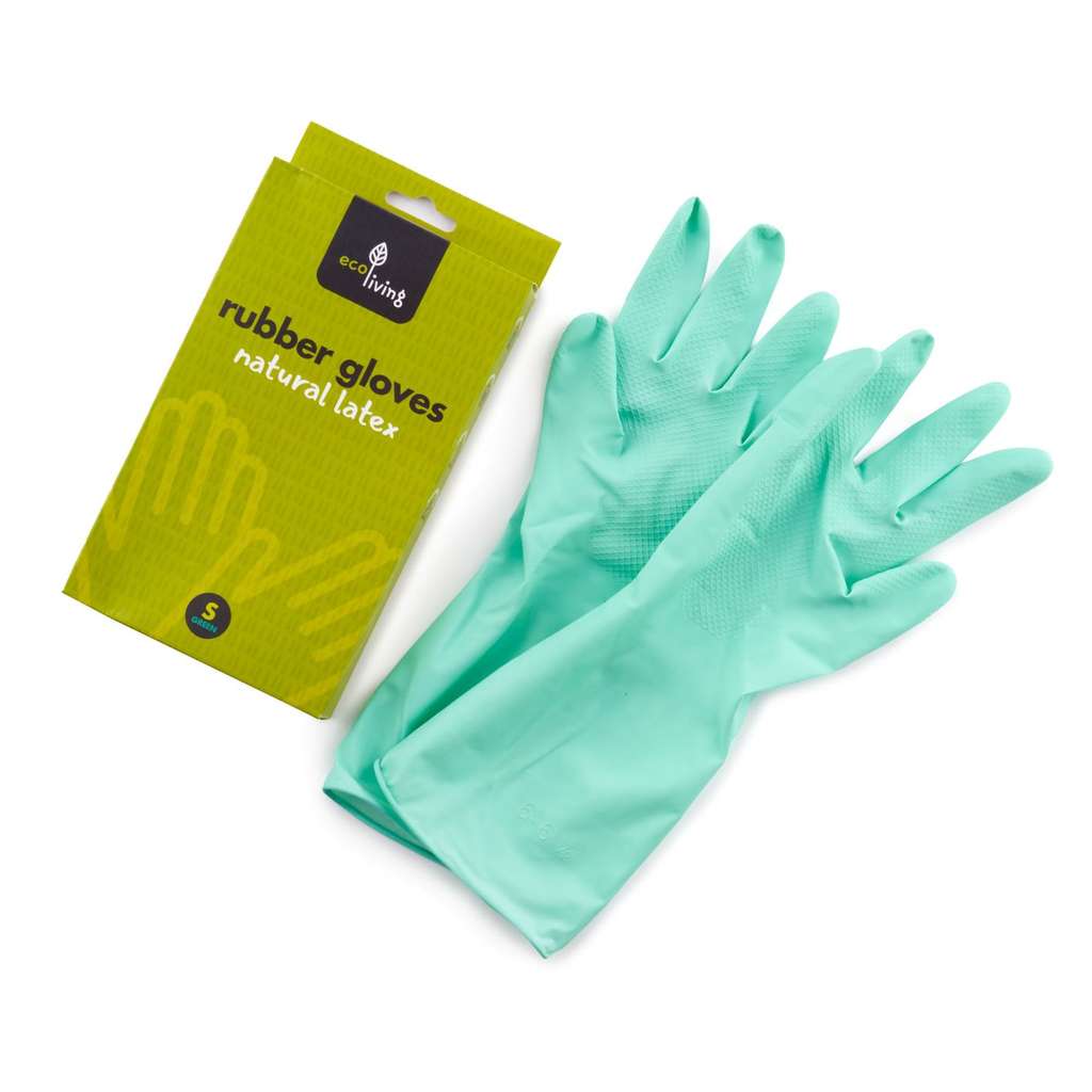 Pair of green Natural Latex Rubber Gloves next to eco-friendly packaging for household cleaning use