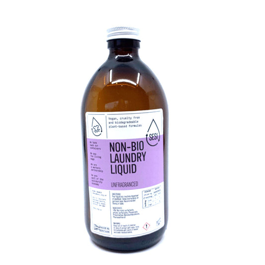 Non-bio unscented laundry liquid fixed to a glass amber bottle