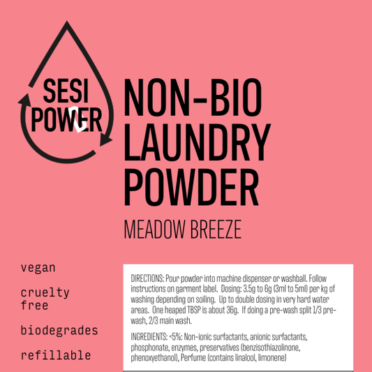Label for Non-Bio Laundry Powder MEADOW BREEZE (per 1kg) highlighting vegan, cruelty free, biodegradable, refillable features, and usage directions.