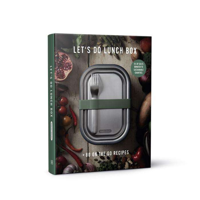 Let's Do Lunch Box recipe book cover with lunch container and utensils on rustic vegetable background