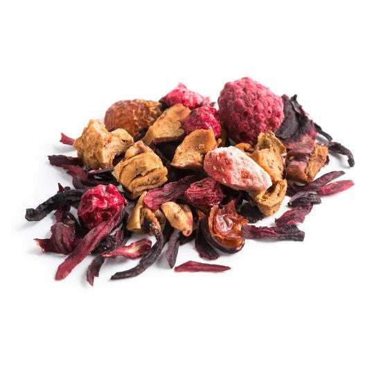 Loose Leaf Tea RED BERRY BURST showing a colorful blend of dried berries and fruit pieces in a natural, sustainable style.