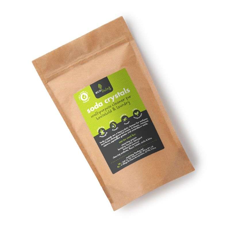 Soda Crystals (750g) in a brown recyclable pouch for natural household cleaning and laundry use