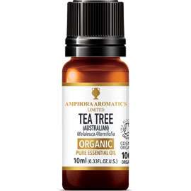 Small brown bottle of ORGANIC Tea Tree Essential Oil (10ml) with black cap and natural skincare label design