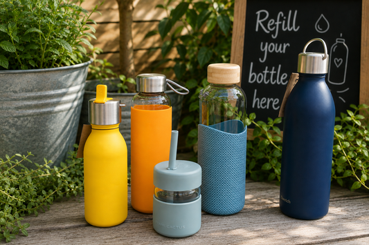 Reusable stainless steel and glass water bottles displayed outdoors, illustrating sustainable alternatives to single-use plastic water bottles.