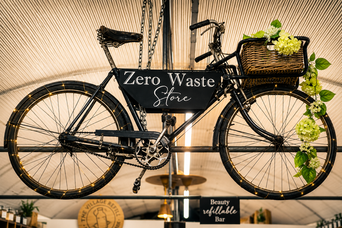 Vintage bicycle hanging in The Village Refill Zero Waste Store, representing reuse, repair and sustainable living.