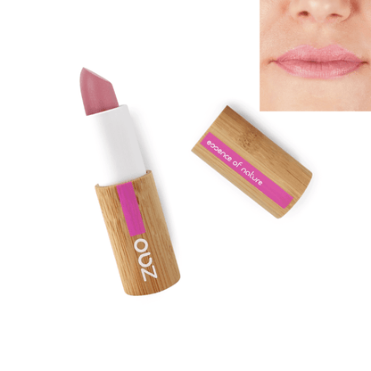 Classic Matt Lipstick REFILLABLE with natural pink shade and eco-friendly bamboo packaging shown on lips and tube.