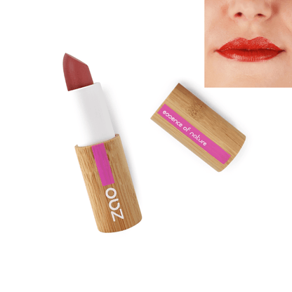 Classic Matt Lipstick REFILLABLE with natural bamboo container and close-up of lips wearing red matte lipstick.