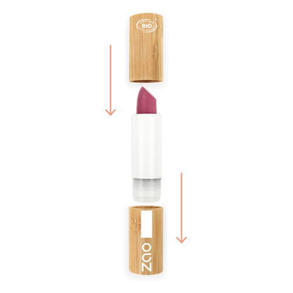 Classic Matt Lipstick REFILLABLE with natural bamboo packaging and soft pink matte lipstick shade shown separated for refill use