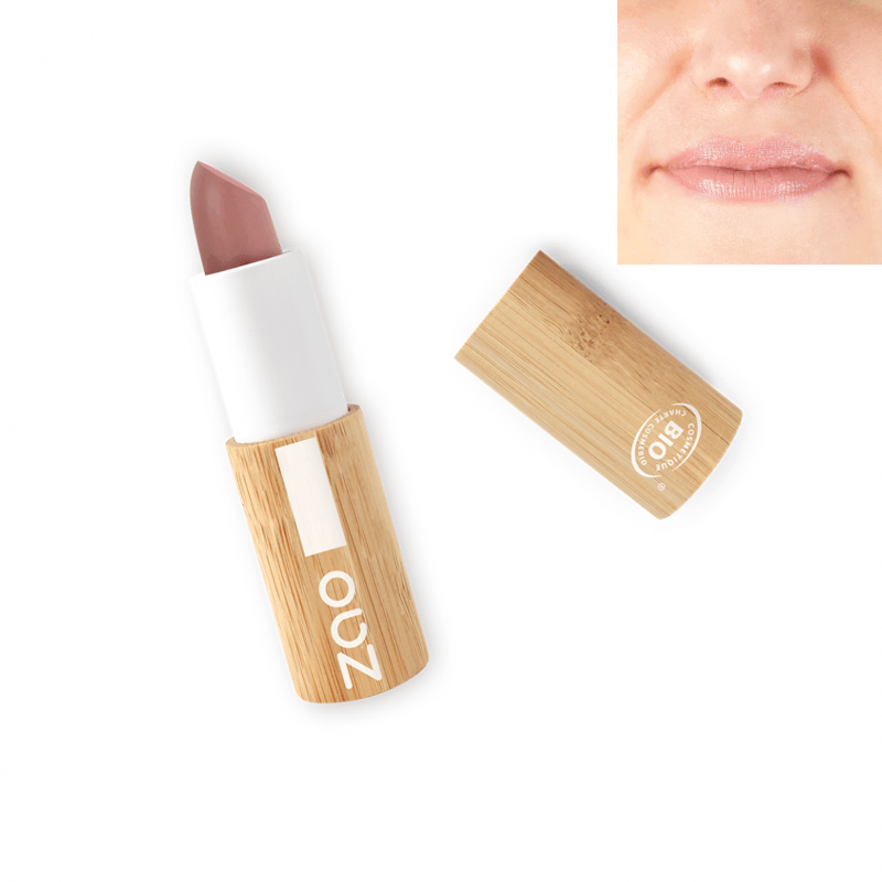 Classic Matt Lipstick REFILLABLE in eco-friendly bamboo casing with natural soft nude pink shade swatched on lips