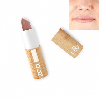 Classic Matt Lipstick REFILLABLE in eco-friendly bamboo casing with natural soft nude pink shade swatched on lips