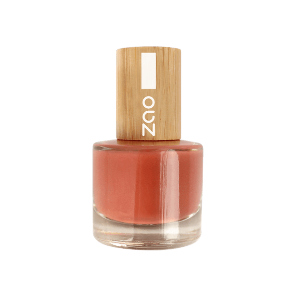 Nail Polish (8ml) in muted coral shade with eco-friendly bamboo cap, natural and plant-based beauty product.