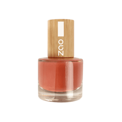 Nail Polish (8ml) in muted coral shade with eco-friendly bamboo cap, natural and plant-based beauty product.