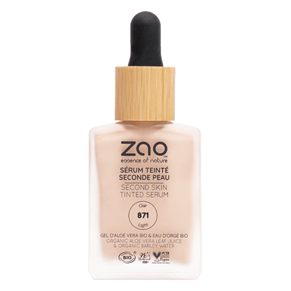 Bottle of Second Skin Tinted ORGANIC Serums (30ml) with natural plant-based ingredients and bamboo dropper cap.