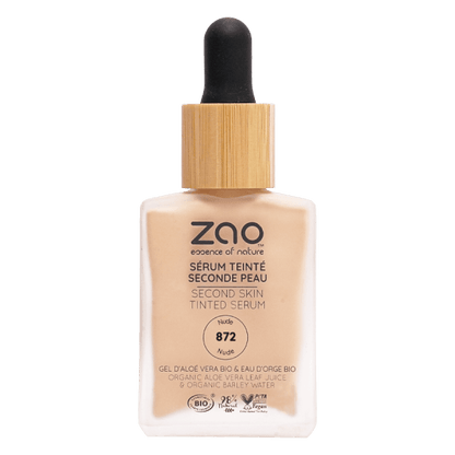 Close-up of Second Skin Tinted ORGANIC Serums (30ml) bottle with natural, organic skincare ingredients and bamboo dropper cap.
