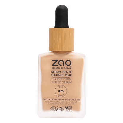 Second Skin Tinted ORGANIC Serums (30ml) with natural ingredients and organic aloe vera in a glass bottle with dropper.