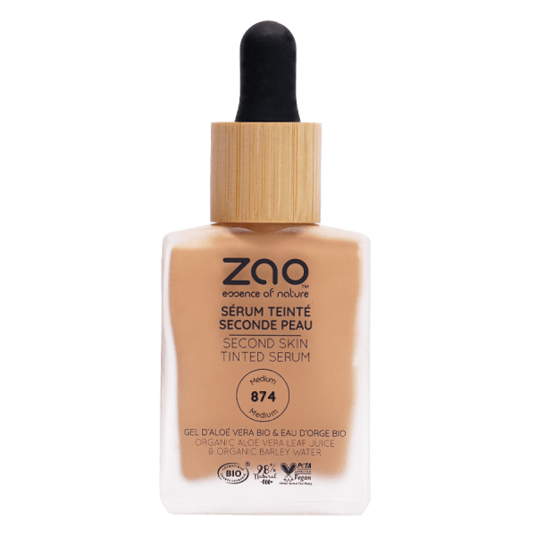 Bottle of Second Skin Tinted ORGANIC Serums (30ml) with dropper cap, featuring natural skincare ingredients and organic certification