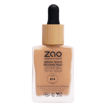 Bottle of Second Skin Tinted ORGANIC Serums (30ml) with dropper cap, featuring natural skincare ingredients and organic certification