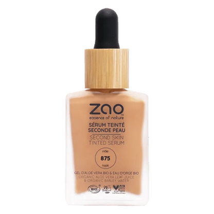 Second Skin Tinted ORGANIC Serums (30ml) bottle with natural wooden dropper cap and tinted beige serum inside